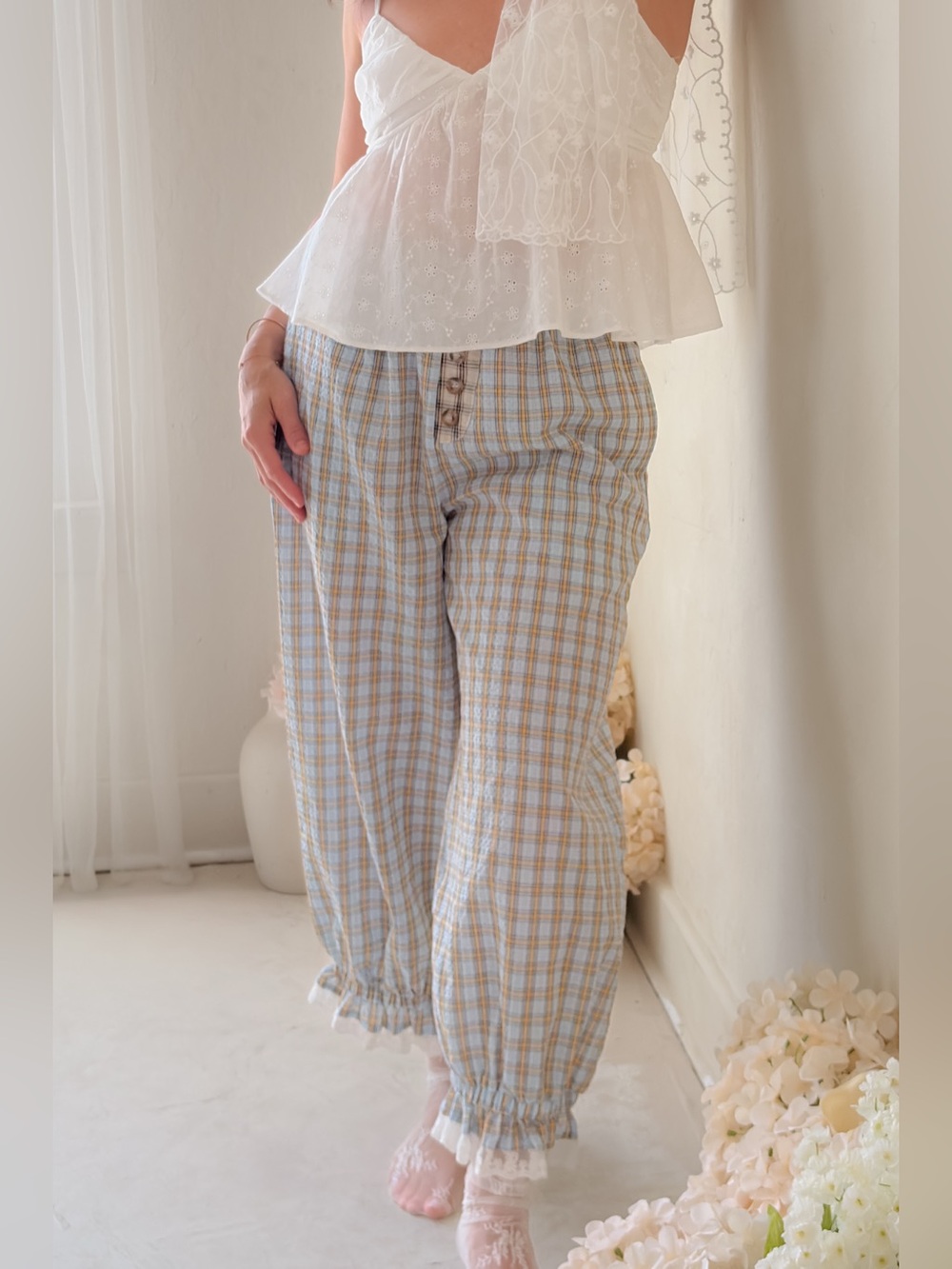 Women’s Plaid Balloon Pants – Elastic Waist Cotton Pants